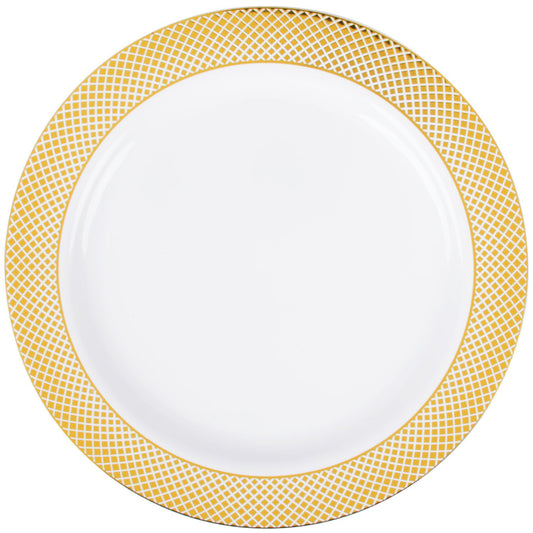 Disposable Plastic Plates - 10" Gold Lattice Border - Premium Paper products | paper bags, papers file folder, Backing supplies | Premium Supplies TX