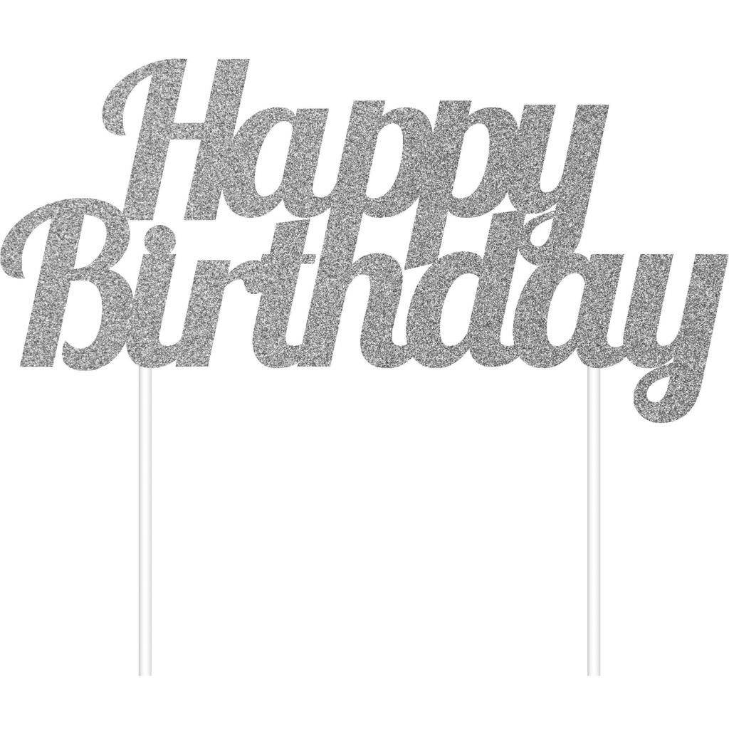 Cake Topper - Silver Happy Birthday - Premium Paper products | paper bags, papers file folder, Backing supplies | Premium Supplies TX